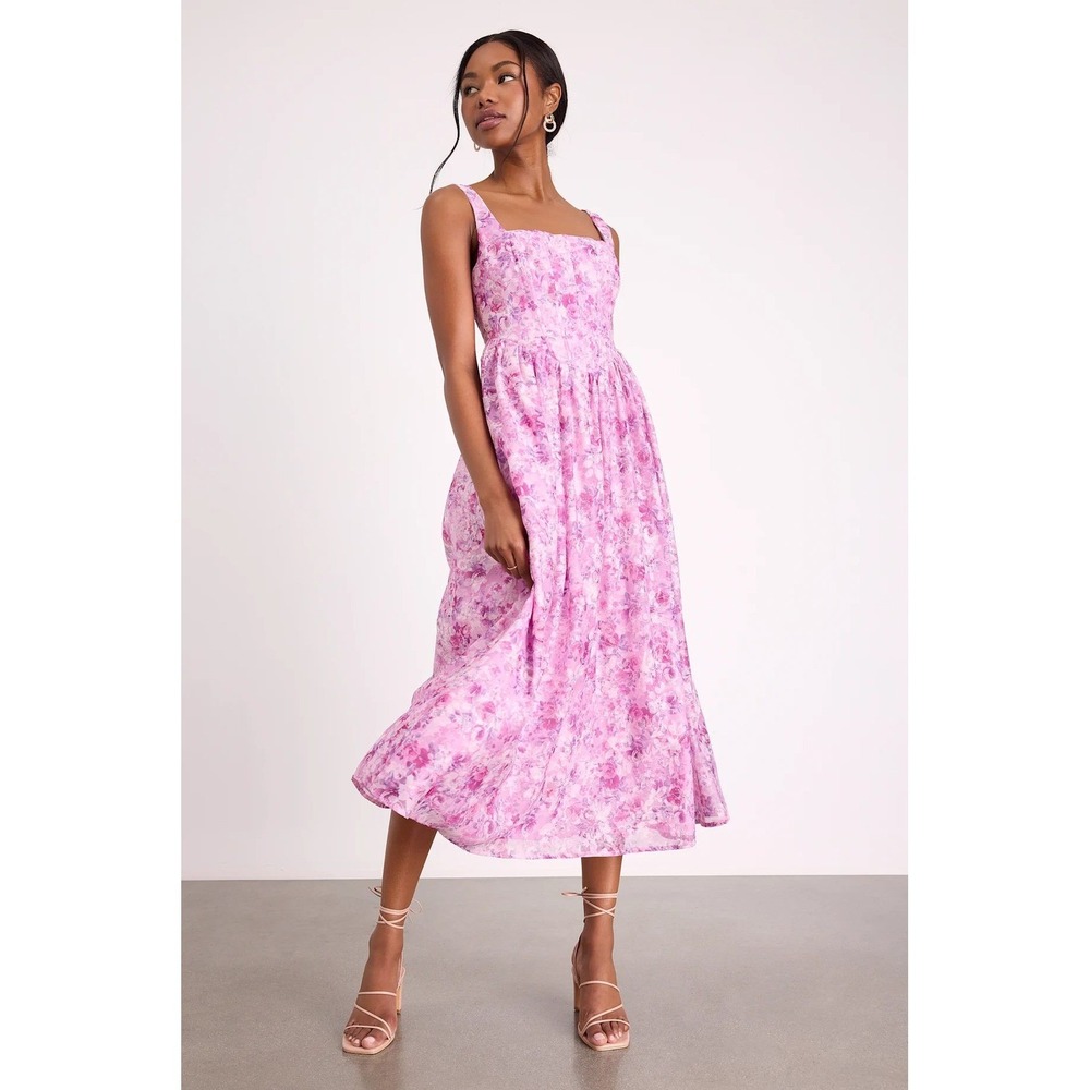 Lulus Colwyn Light Magenta Floral Jacquard Bustier Midi Dress Size Small